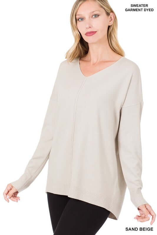 Women's Hi-Low Garment Dyed V-Neck Front Seam Sweater | USA Boutique, ZENANA, $ 45.00