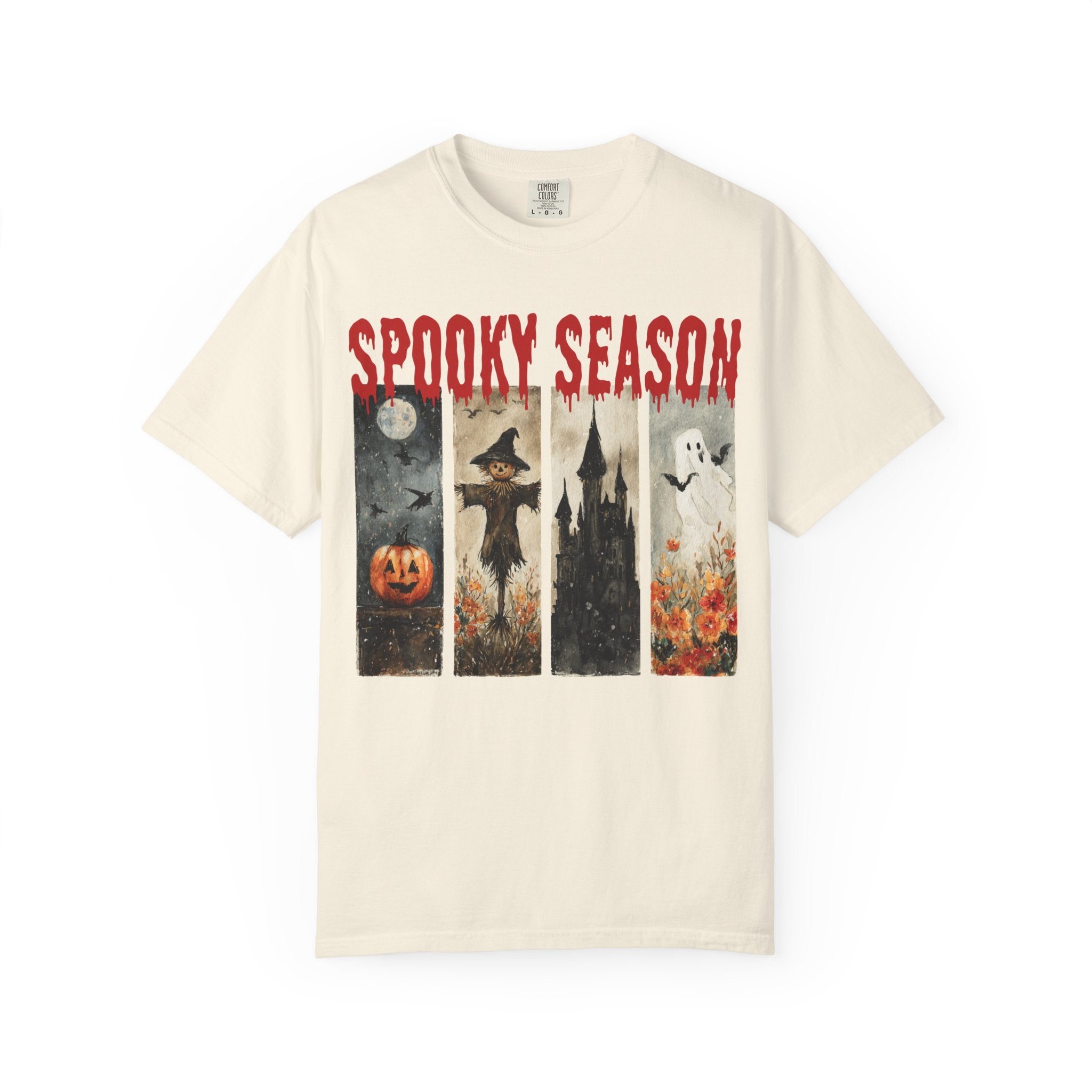 Spooky Season Halloween T-shirt with vintage pumpkin, scarecrow and ghost graphic — product mockup