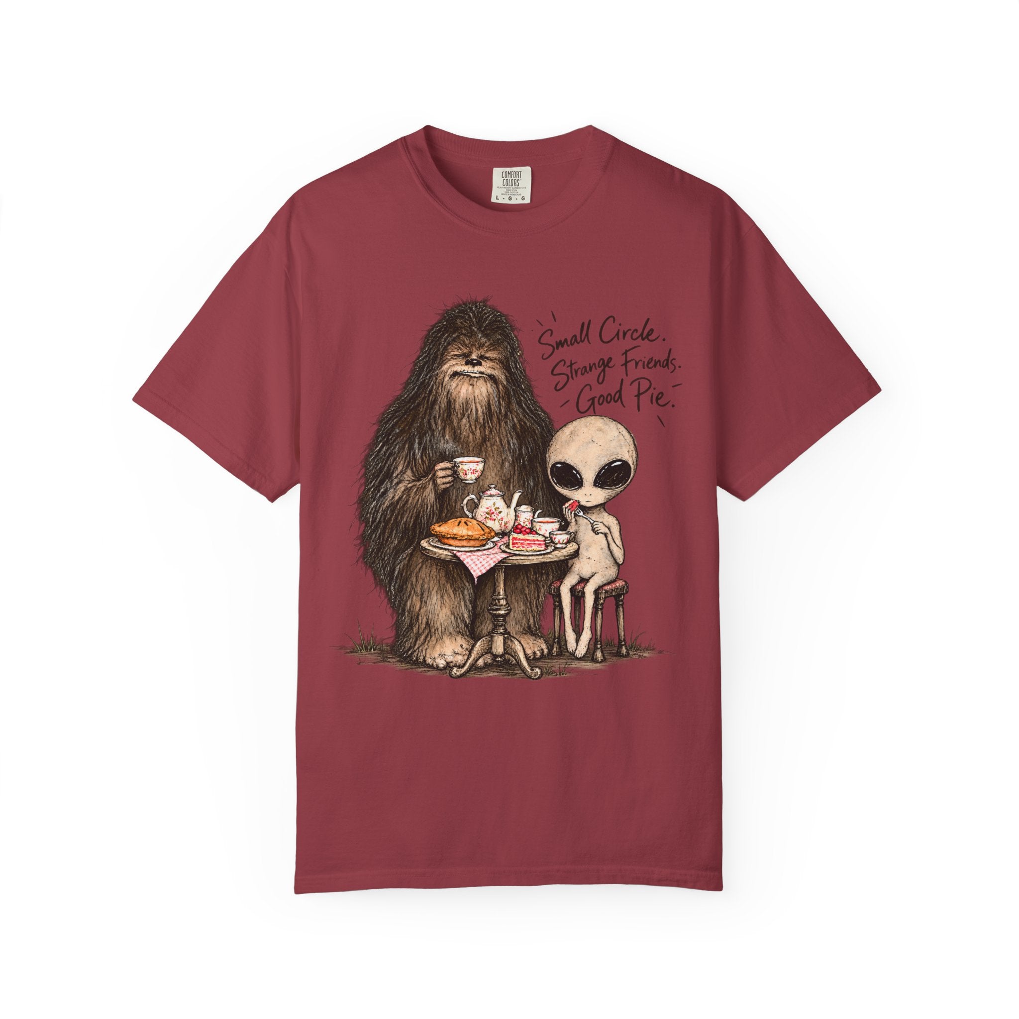 Bigfoot & Alien Tea Party T-Shirt | Small Circle, Strange Friends, Good Pie
