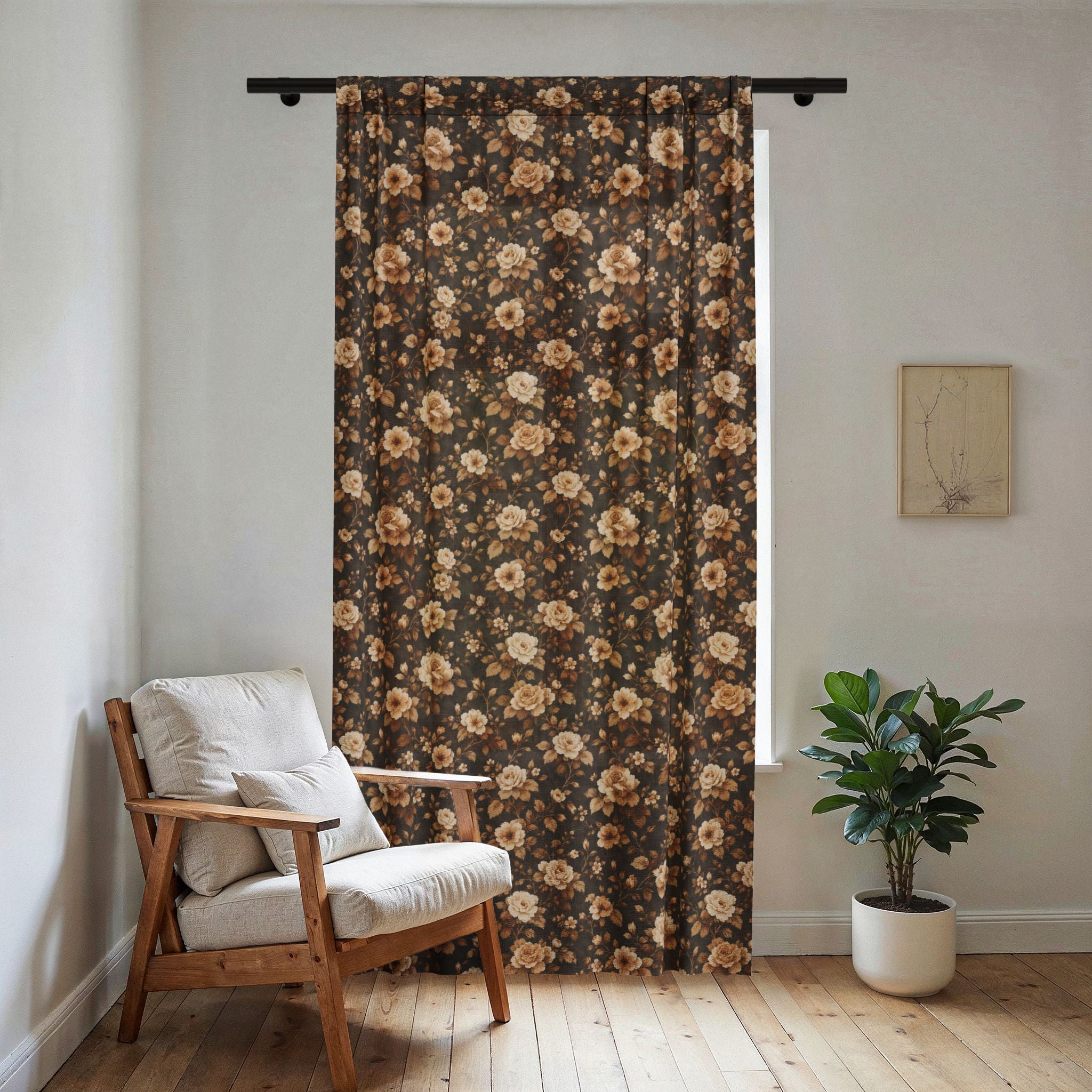 Brown vintage floral sheer curtain close-up showing sheer fabric and floral print