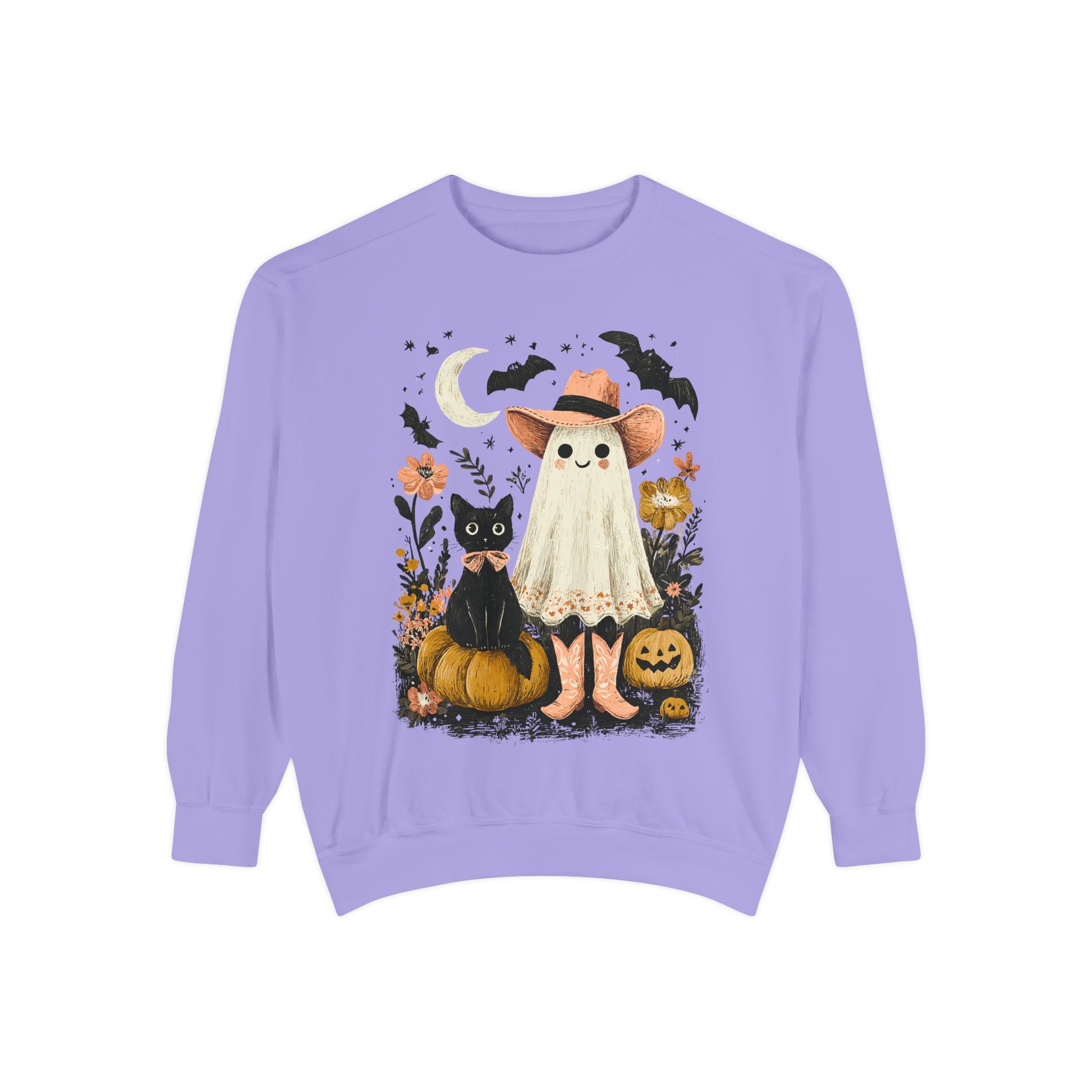 Halloween Ghost Costume Sweatshirt — Cute Ghost, Black Cat & Pumpkins Fall Pullover - sweatshirt product image 16
