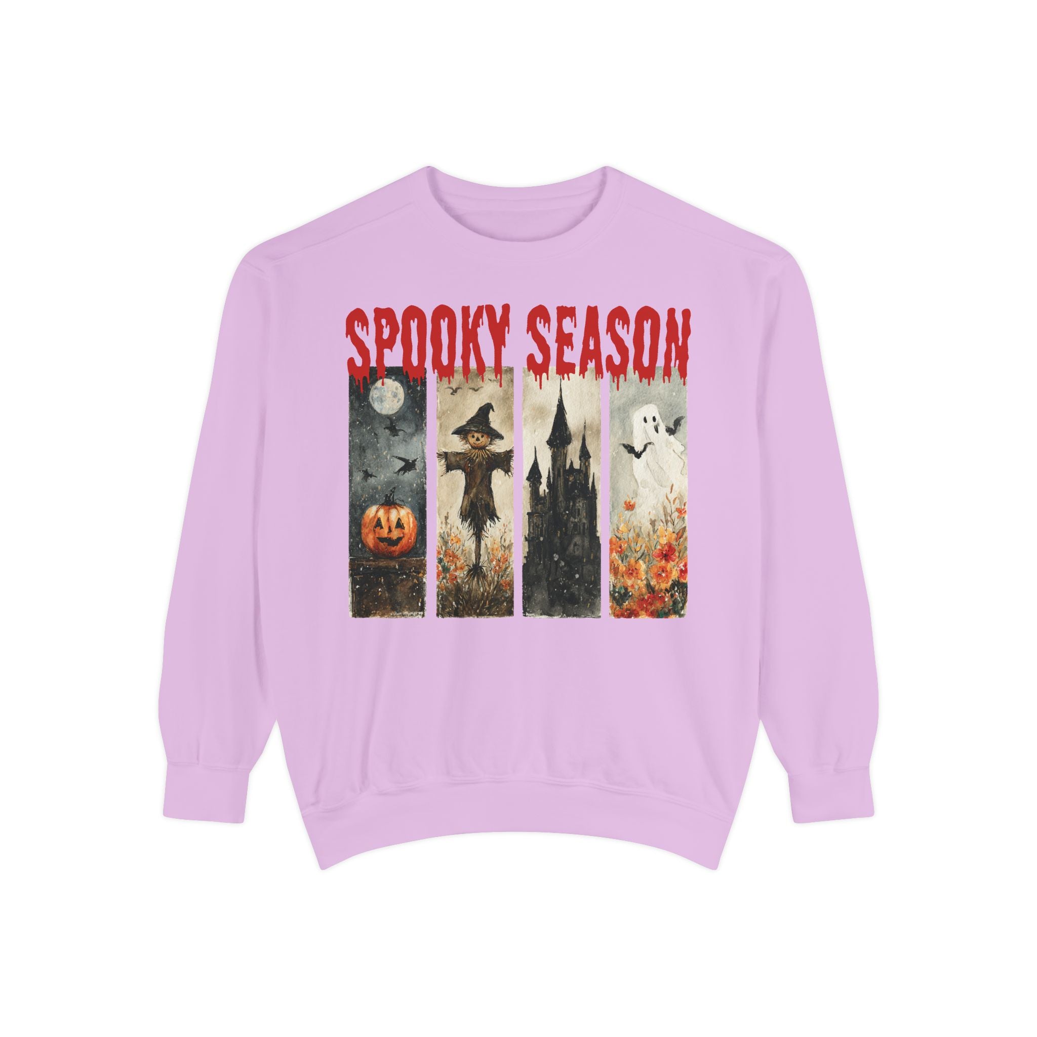 Spooky Season Halloween sweatshirt with vintage pumpkin, witch and ghost graphic — product mockup