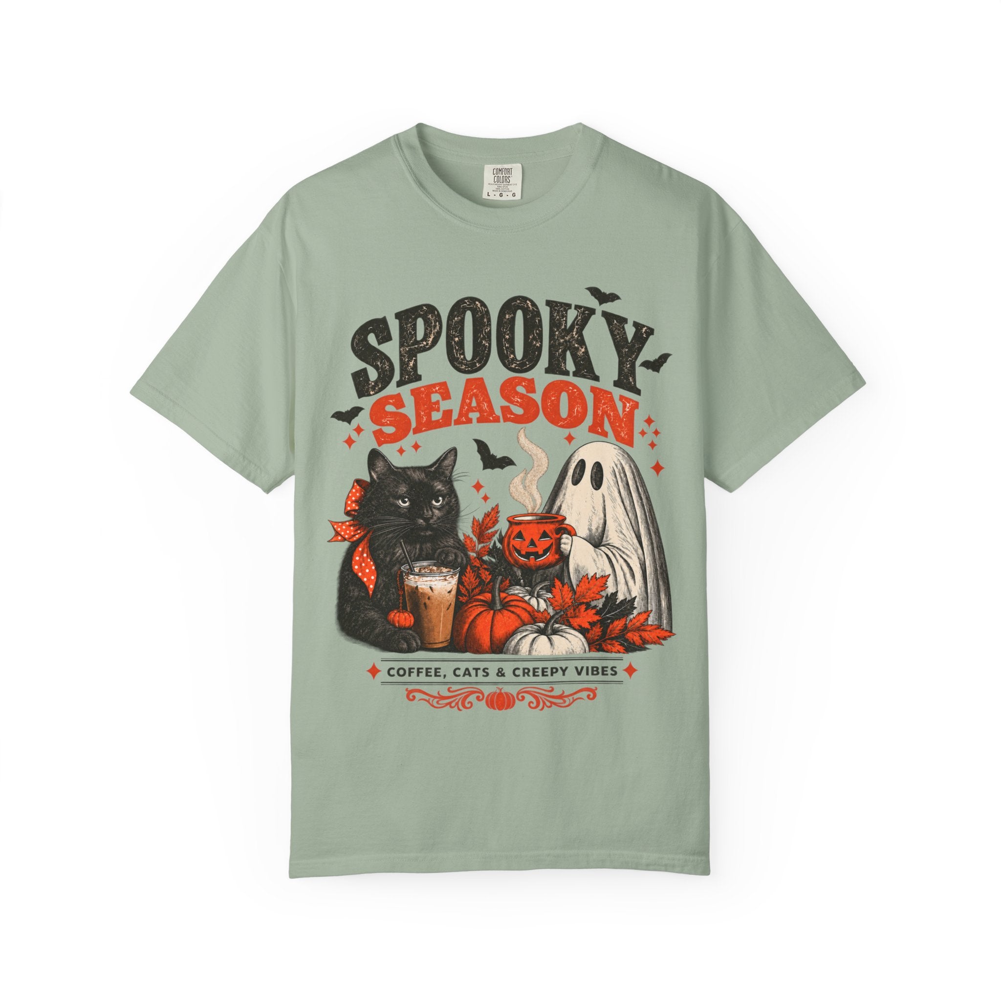Spooky Season Black Cat & Ghost T-Shirt | Halloween Coffee & Cats Tee