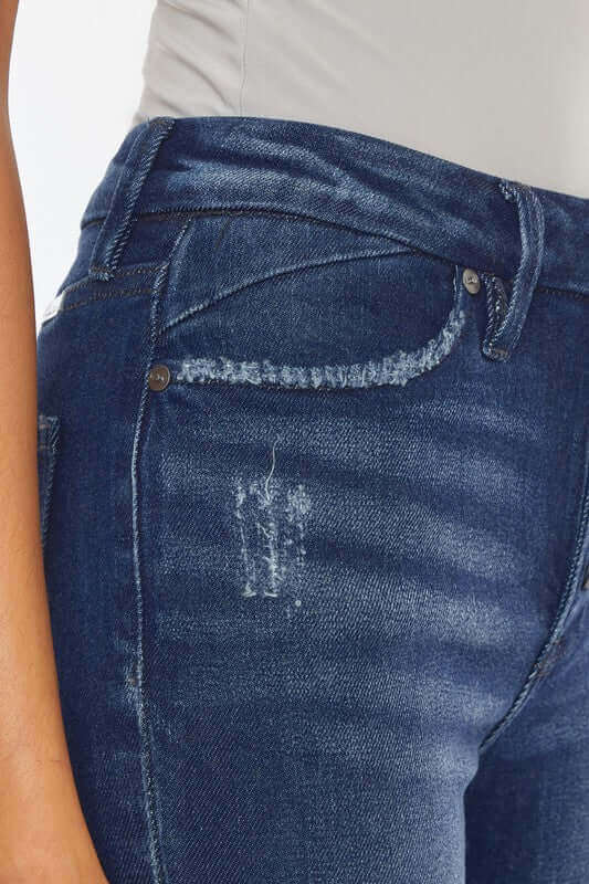 Dark Blue Wash High Rise Piecing Detail Super Skinny Jeans, Kan Can USA, $ 71.95