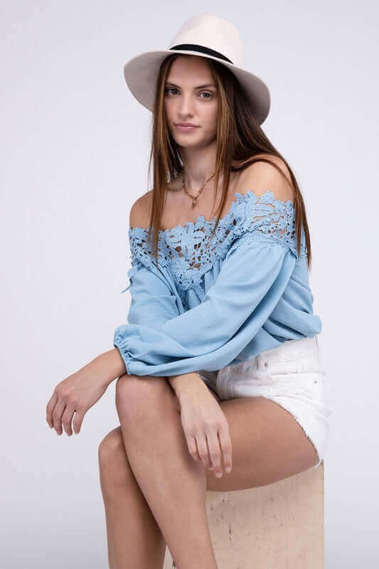 Sky Blue Lace Patchwork off-Shoulder Blouse, Nuvi Apparel, $ 38.70