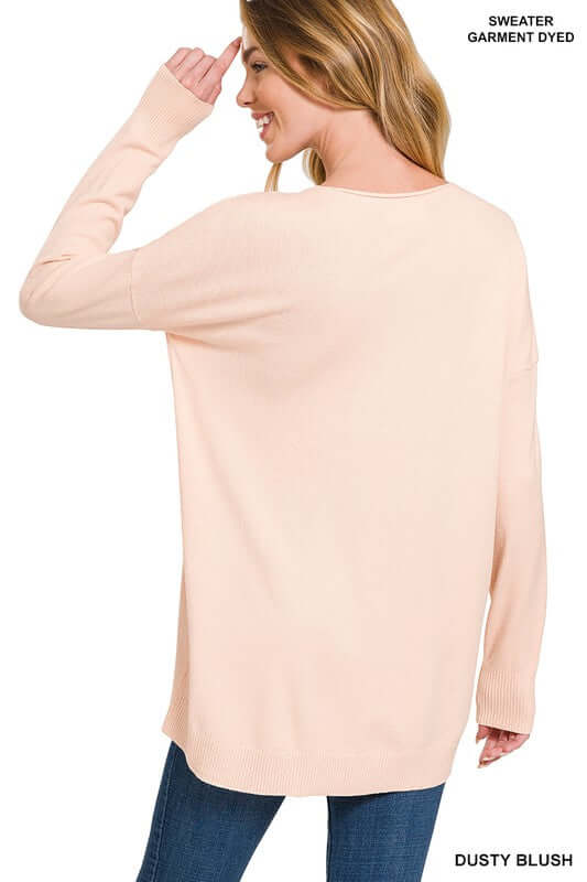 Hi-Low Garment Dyed V-Neck Front Seam Sweater, ZENANA, $ 42.95