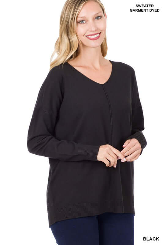 Hi-Low Garment Dyed V-Neck Front Seam Sweater, ZENANA, $ 42.95