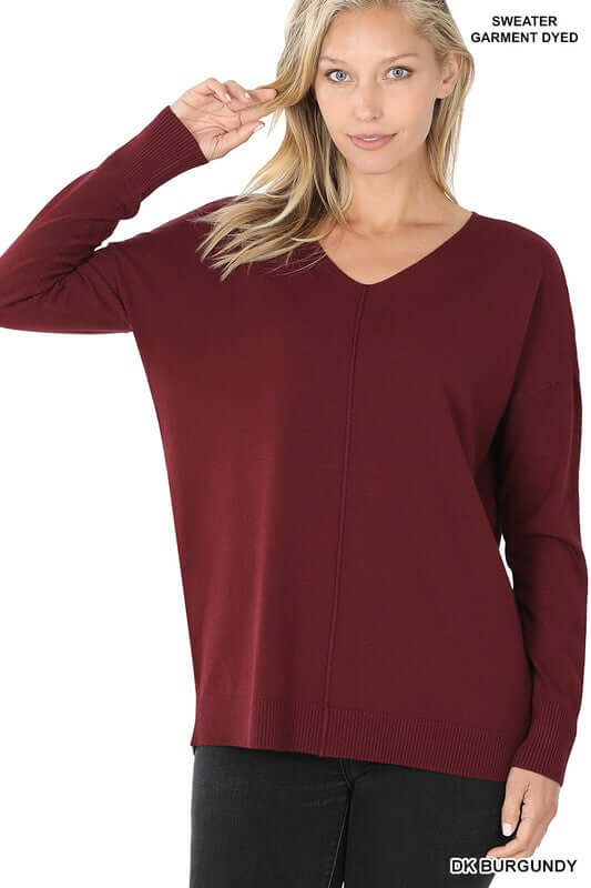 Hi-Low Garment Dyed V-Neck Front Seam Sweater, ZENANA, $ 42.95