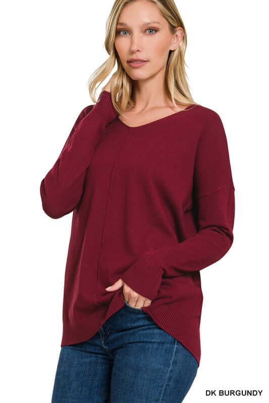 Hi-Low Garment Dyed V-Neck Front Seam Sweater, ZENANA, $ 42.95