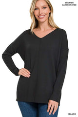 Hi-Low Garment Dyed V-Neck Front Seam Sweater, ZENANA, $ 42.95