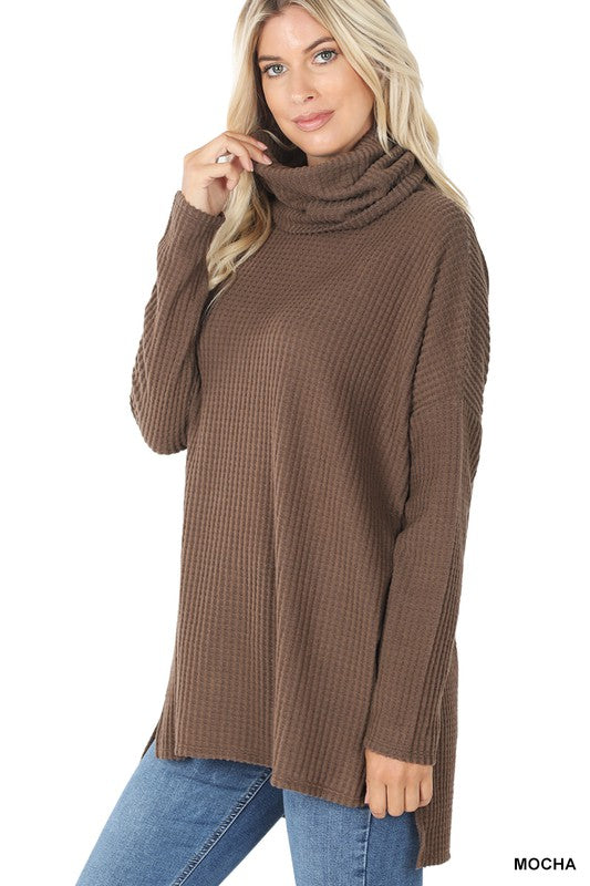 Brushed Thermal Waffle Cowl Neck Hi-Low Sweater