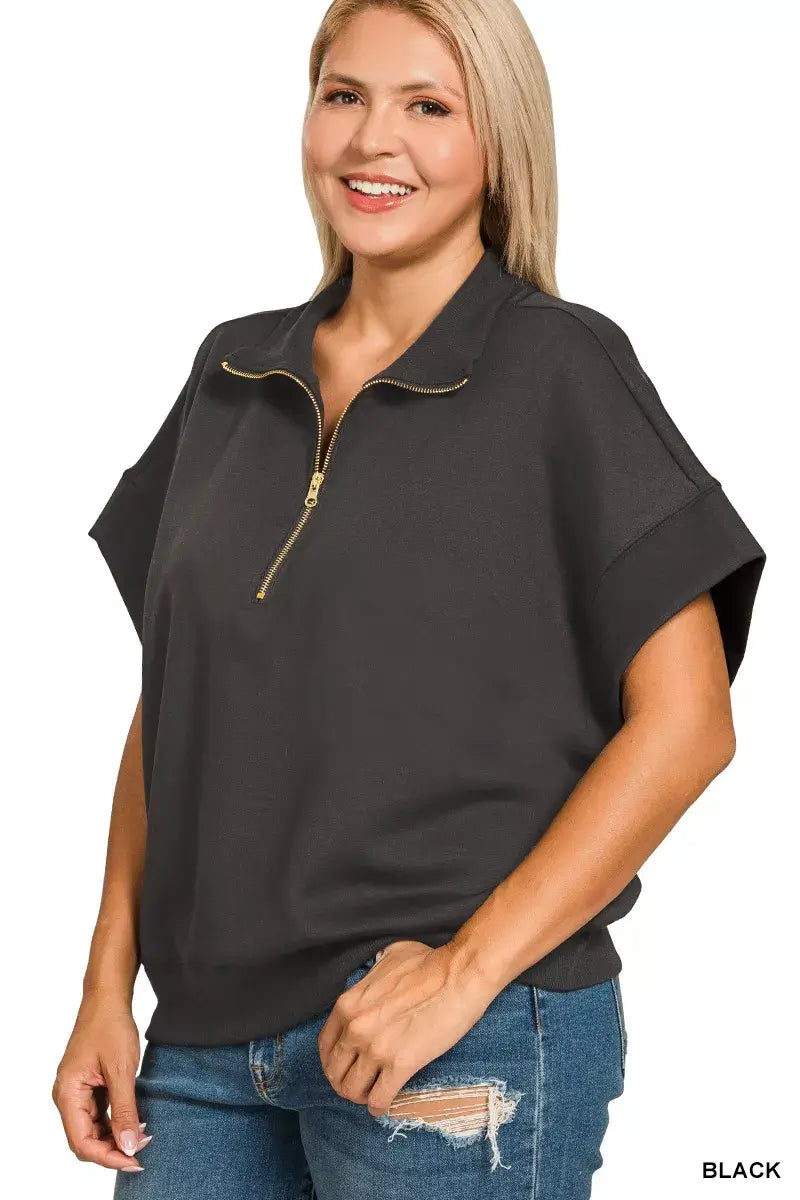 Zenana Scuba High Neck Half Zip Short Sleeve Top | Plus Size, Tops, $ 33.00, A Moment Of Now™
