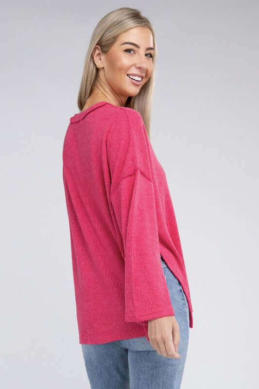 Ribbed Brushed Melange Hacci Henley Sweater, ZENANA, $ 29.00