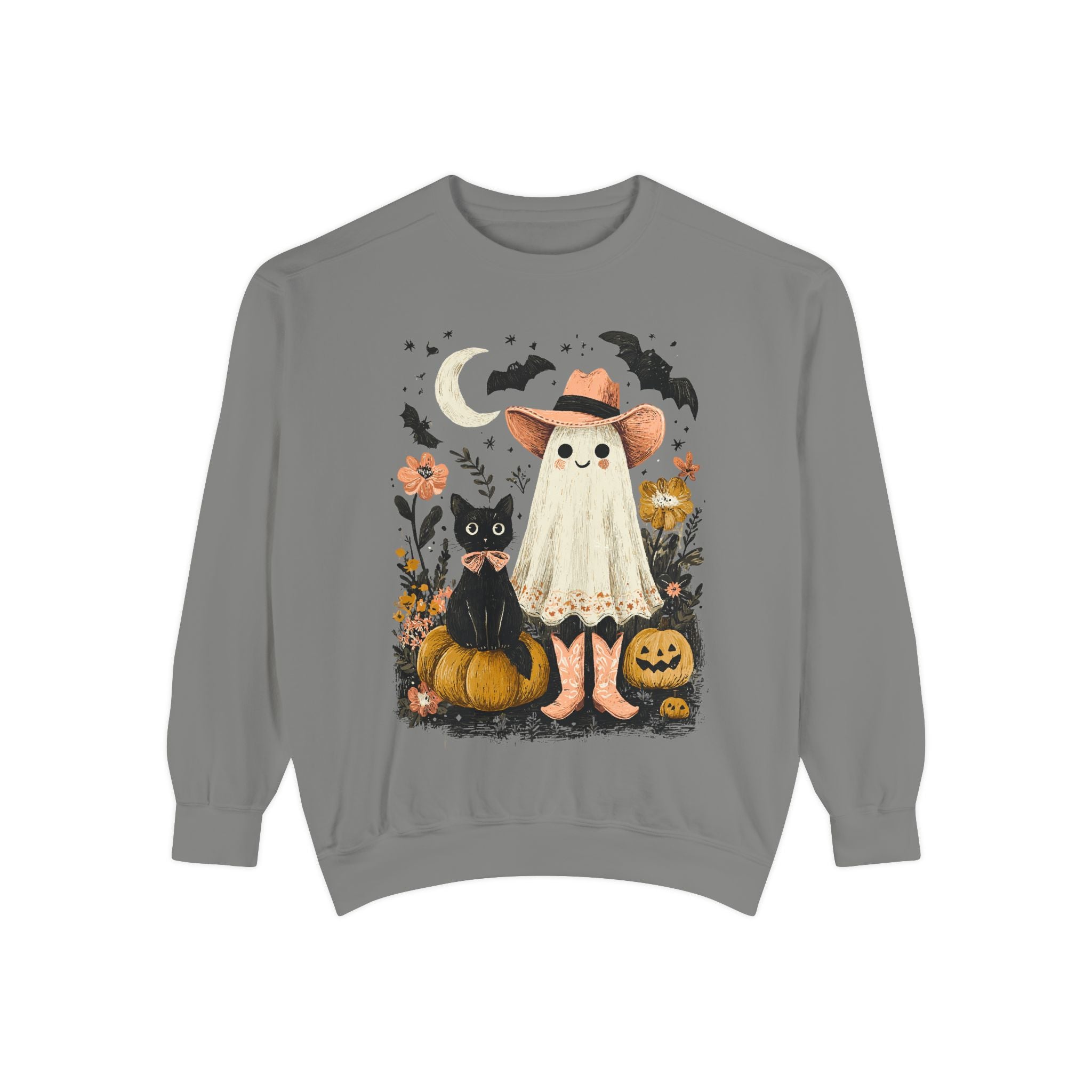 Halloween Ghost Costume Sweatshirt — Cute Ghost, Black Cat & Pumpkins Fall Pullover - sweatshirt product image 5