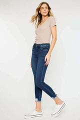 Dark Stone Wash High Rise Hem Detail Ankle Skinny Jeans, Kan Can USA, $ 73.95