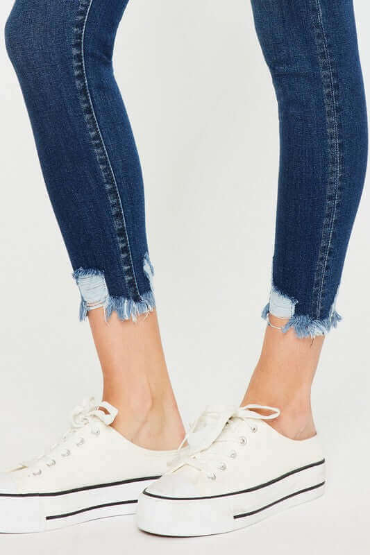 Dark Stone Wash High Rise Hem Detail Ankle Skinny Jeans, Kan Can USA, $ 73.95