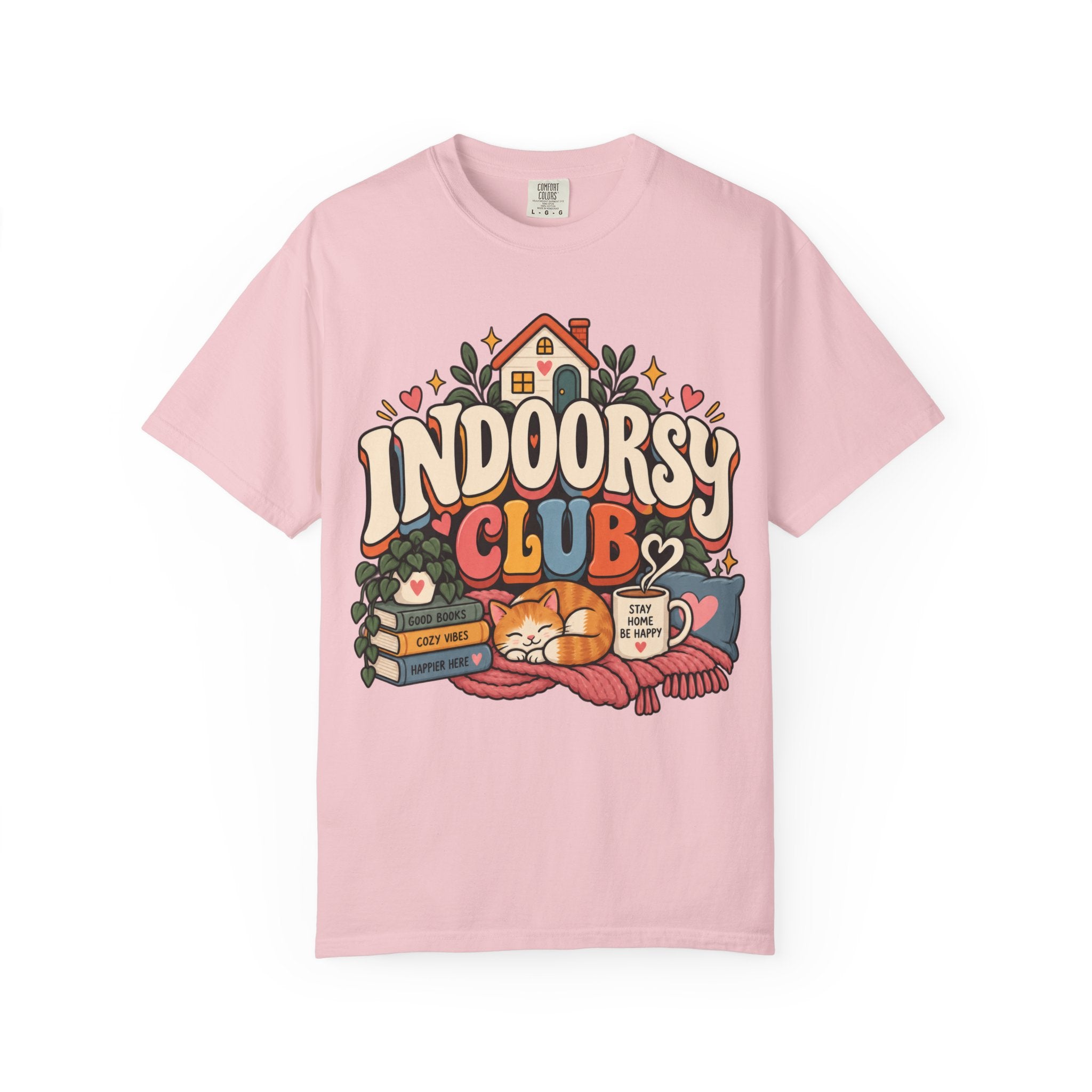 Indoorsy Club T-Shirt — Cozy Homebody Graphic Tee (Cat, Books, Tea) - t-shirt product image 14