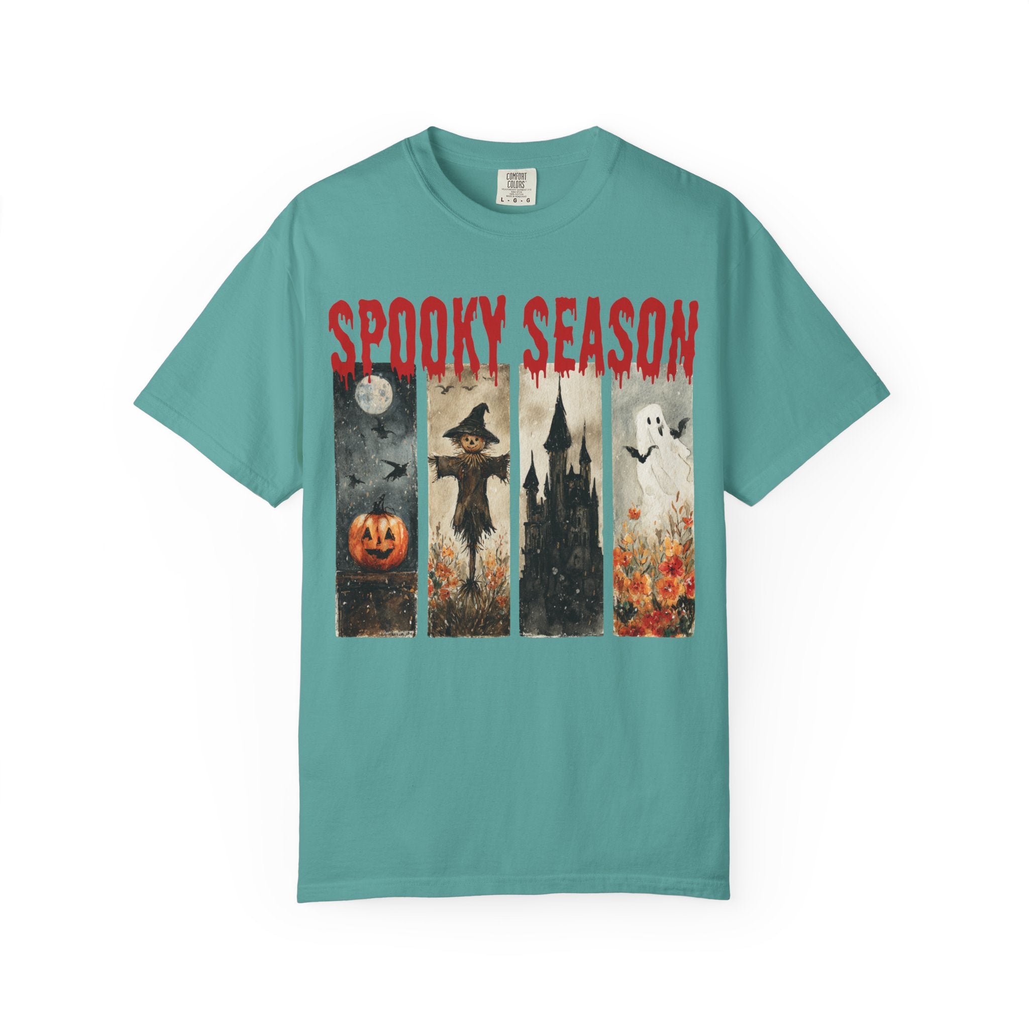 Spooky Season Halloween T-shirt with vintage pumpkin, scarecrow and ghost graphic — product mockup