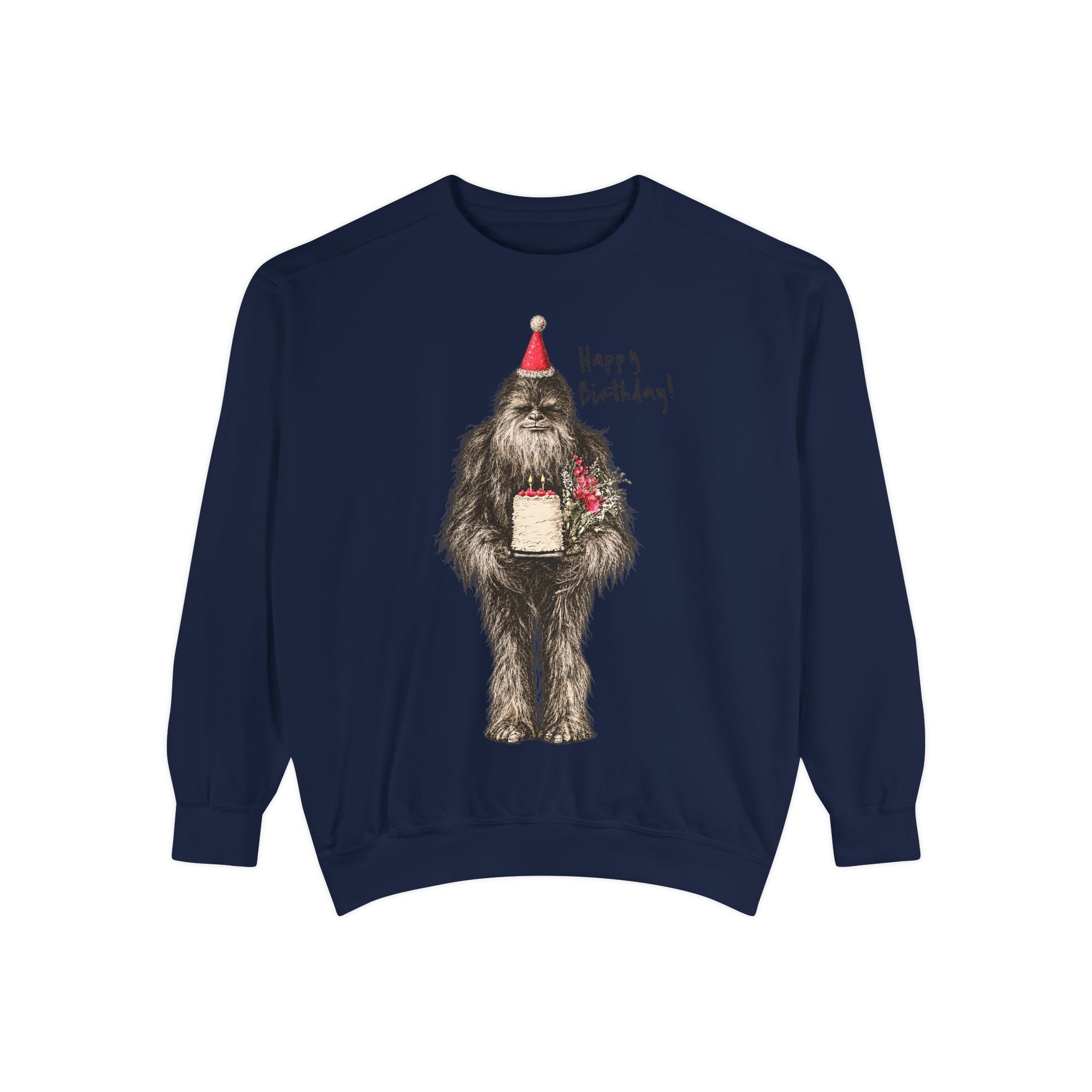 Birthday Bigfoot Sweatshirt — Funny Sasquatch with Cake