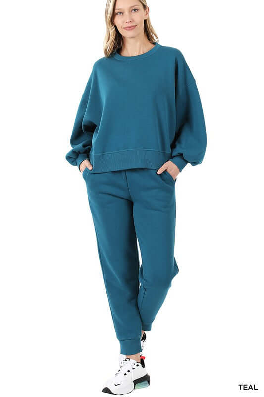 Shop Women's Balloon Sleeve Sweatshirt & Sweatpants Set Loungewear | ZENANA, Loungewear, USA Boutique