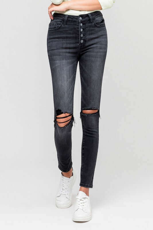 York High Rise Distressed Button Fly Ankle Skinny, VERVET by Flying Monkey, $ 62.95