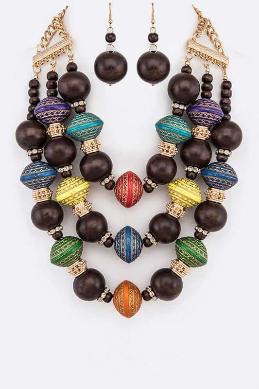 Maximalist Mix Layer Colorful Wooden Bead Statement Necklace Earrings Set