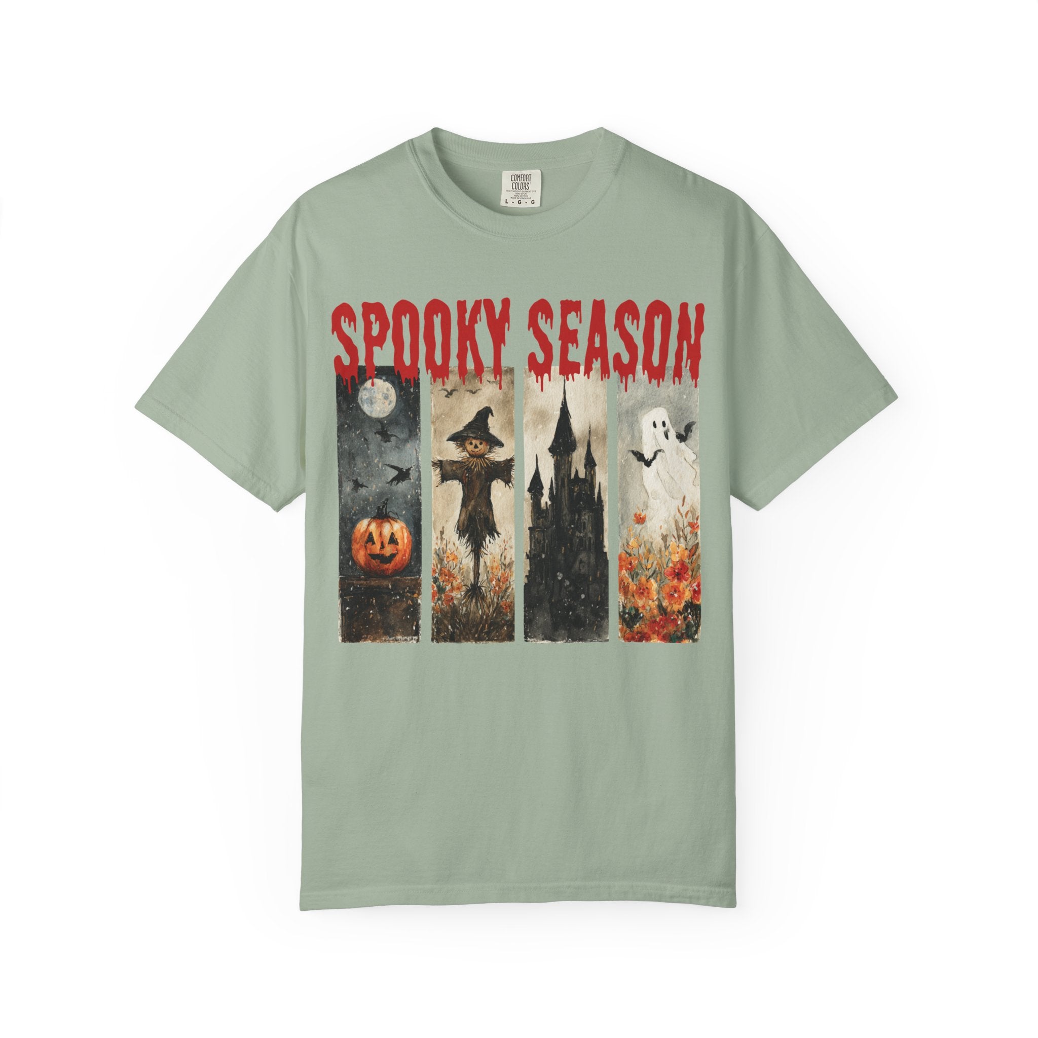 Spooky Season Halloween T-shirt with vintage pumpkin, scarecrow and ghost graphic — product mockup