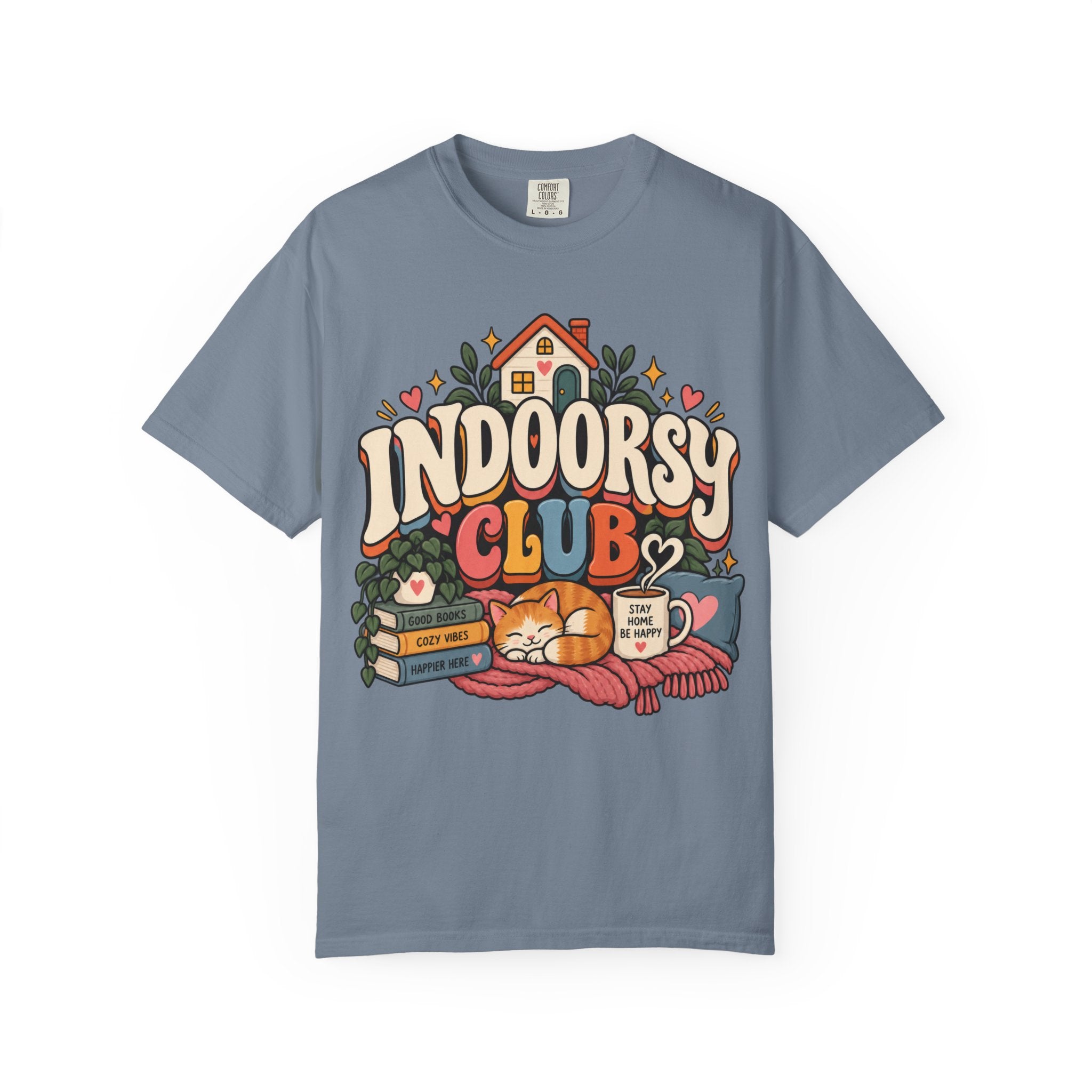 Indoorsy Club T-Shirt — Cozy Homebody Graphic Tee (Cat, Books, Tea) - t-shirt product image 9