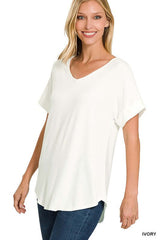 Luxe Rayon Short Cuff Sleeve V-Neck Round Hem Top, ZENANA, $ 14.95