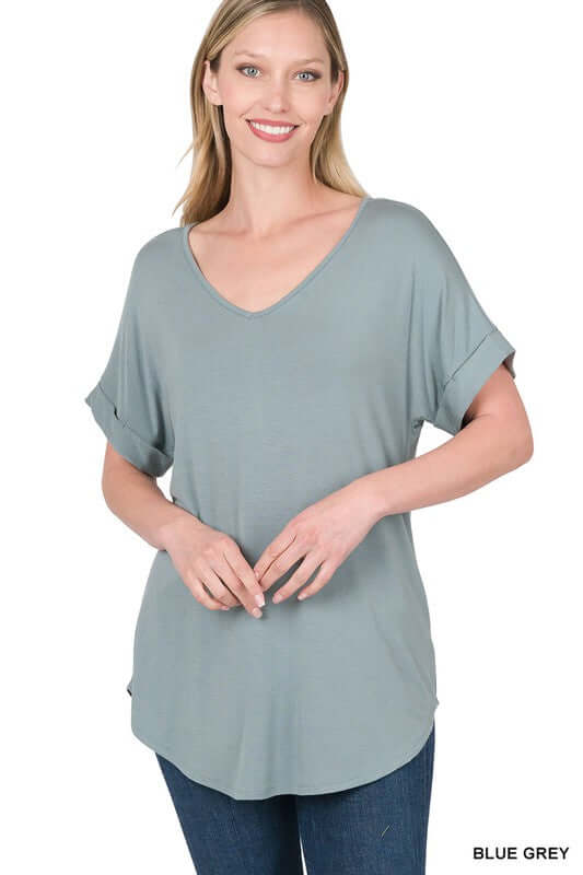 Luxe Rayon Short Cuff Sleeve V-Neck Round Hem Top, ZENANA, $ 14.95