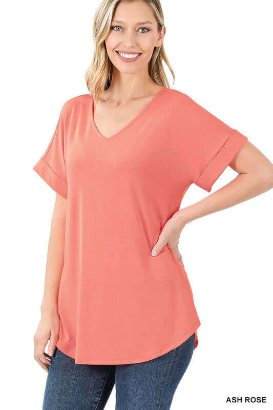 Luxe Rayon Short Cuff Sleeve V-Neck Round Hem Top, ZENANA, $ 14.95