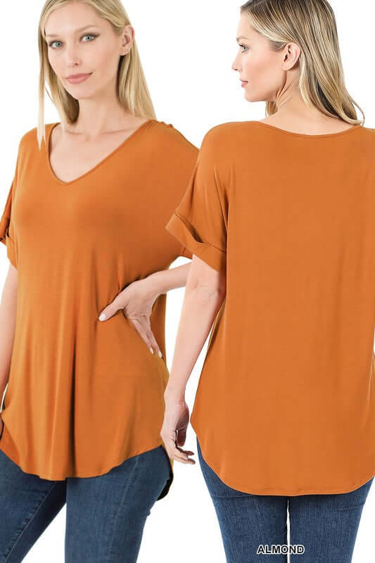 Luxe Rayon Short Cuff Sleeve V-Neck Round Hem Top, ZENANA, $ 14.95