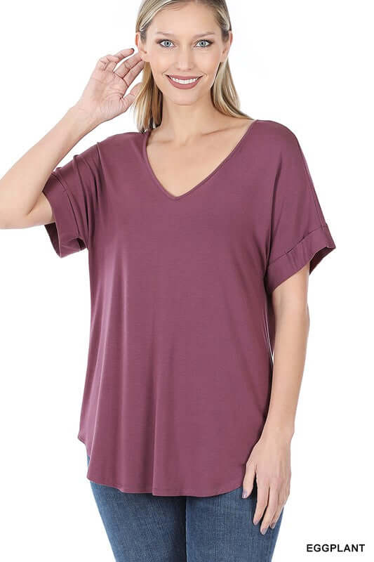 Luxe Rayon Short Cuff Sleeve V-Neck Round Hem Top, ZENANA, $ 14.95