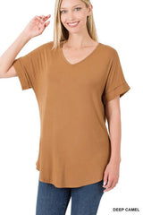 Luxe Rayon Short Cuff Sleeve V-Neck Round Hem Top, ZENANA, $ 14.95