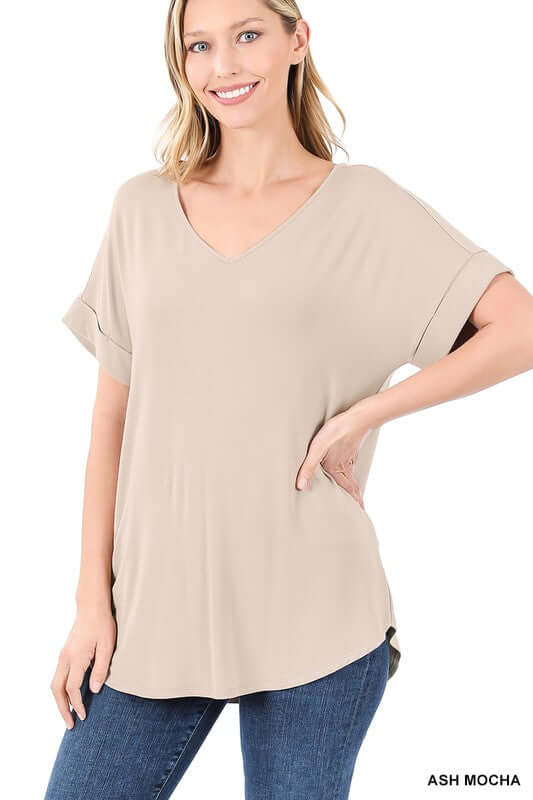 Luxe Rayon Short Cuff Sleeve V-Neck Round Hem Top, ZENANA, $ 14.95