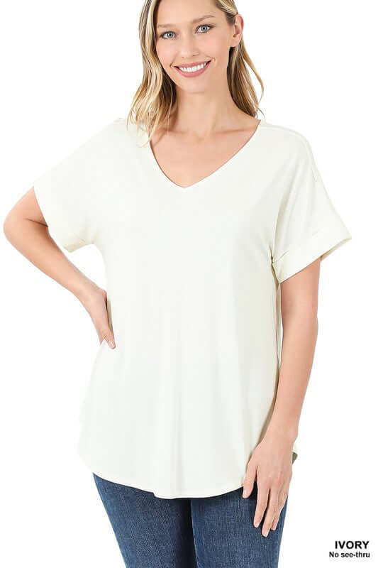 Luxe Rayon Short Cuff Sleeve V-Neck Round Hem Top, ZENANA, $ 14.95