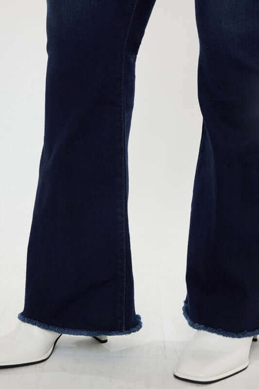 Plus Size Dark Blue High Rise Double WB Fray Hem Flare Jeans, Kan Can USA, $ 77.95