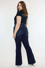 Plus Size Dark Blue High Rise Double WB Fray Hem Flare Jeans, Kan Can USA, $ 77.95