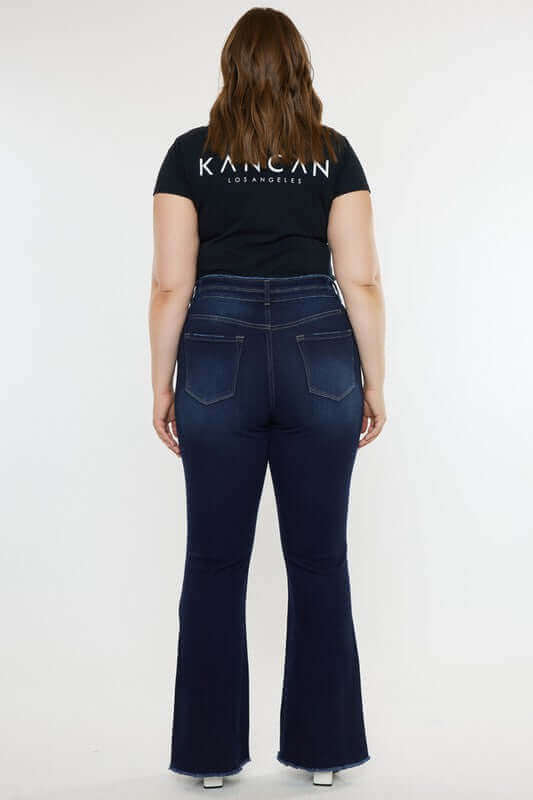 Plus Size Dark Blue High Rise Double WB Fray Hem Flare Jeans, Kan Can USA, $ 77.95