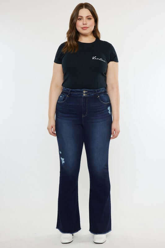 Plus Size Dark Blue High Rise Double WB Fray Hem Flare Jeans, Kan Can USA, $ 77.95