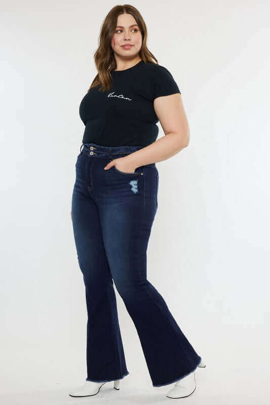 Plus Size Dark Blue High Rise Double WB Fray Hem Flare Jeans, Kan Can USA, $ 77.95