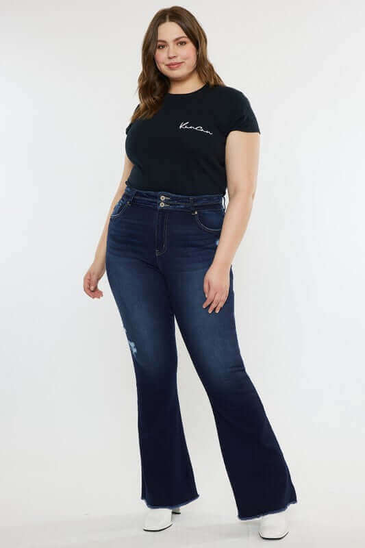 Plus Size Dark Blue High Rise Double WB Fray Hem Flare Jeans, Kan Can USA, $ 77.95