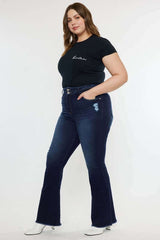 Plus Size Dark Blue High Rise Double WB Fray Hem Flare Jeans, Kan Can USA, $ 77.95