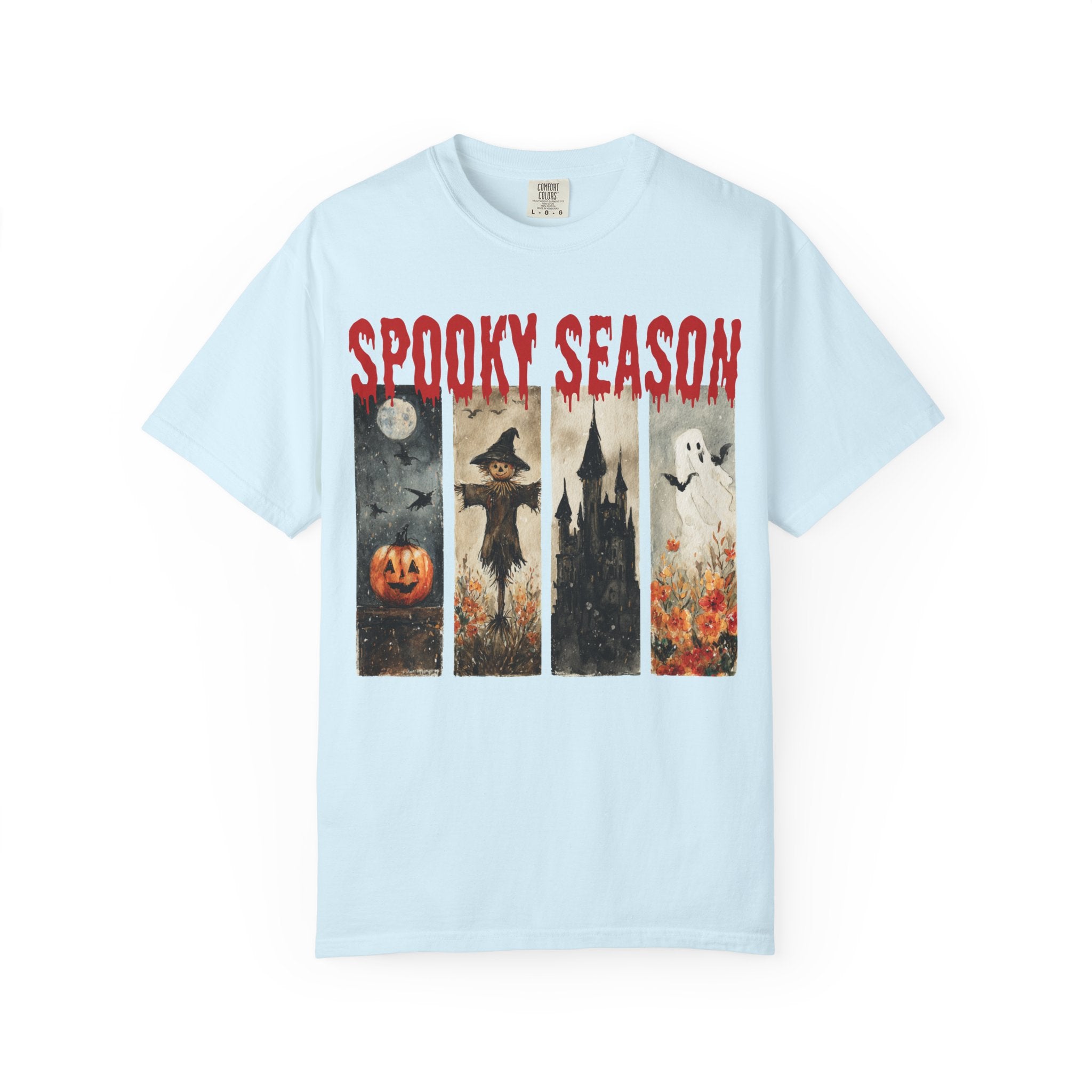 Spooky Season Halloween T-shirt with vintage pumpkin, scarecrow and ghost graphic — product mockup