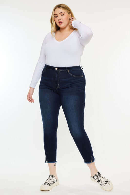 Plus Size Dark Blue High Rise Ankle Skinny Jeans, Kan Can USA, $ 73.95