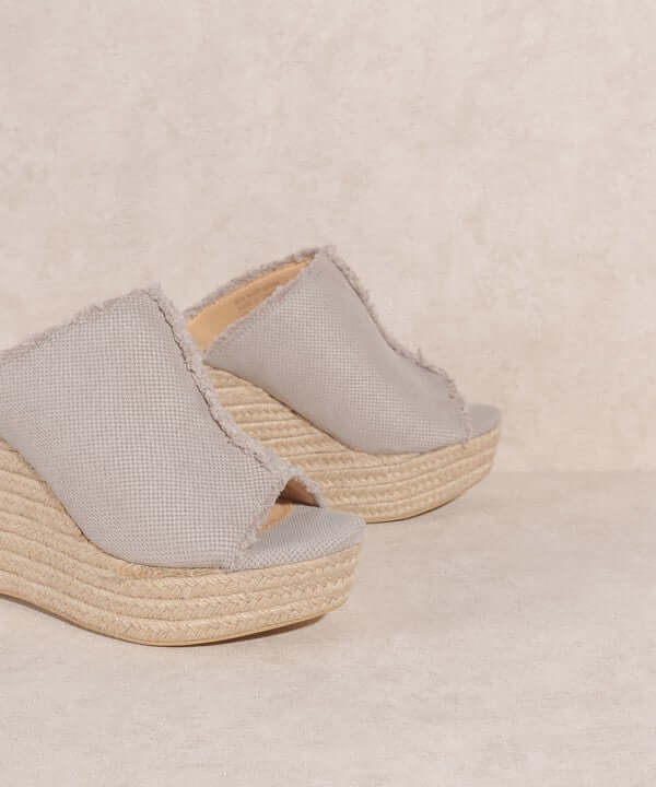 Shop OASIS SOCIETY Bliss - Womens Light Grey Distressed Linen Wedge Sandals, Wedges, USA Boutique