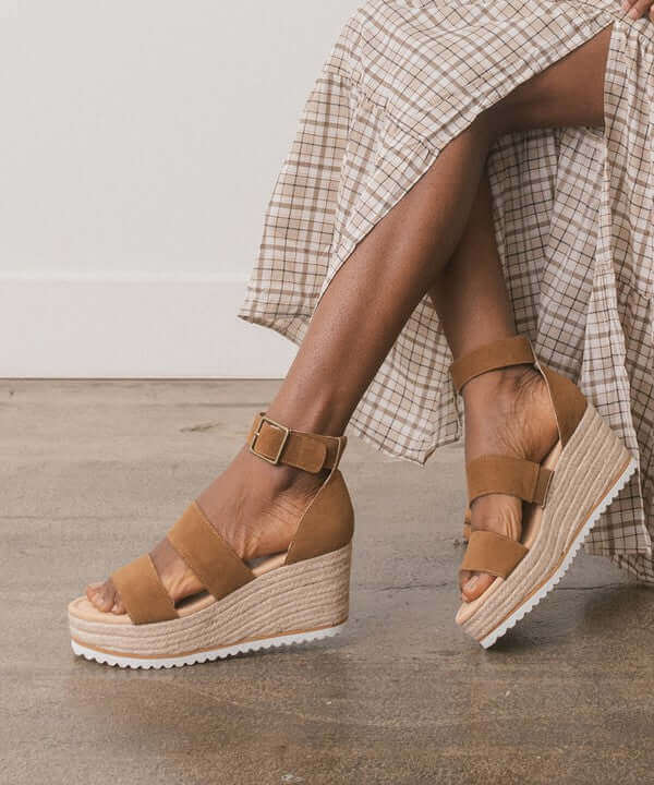 OASIS SOCIETY Slyvie - Brown Double Strap Wedge Heel Sandals, Oasis Society, $ 60.95