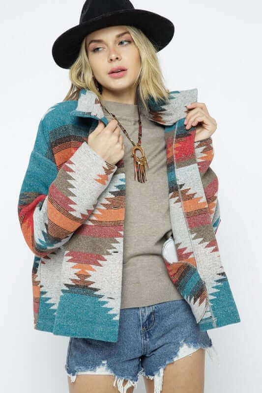 Soft Comfy Lightweight Aztec Pattern Jacket, Blue B, $ 55.00