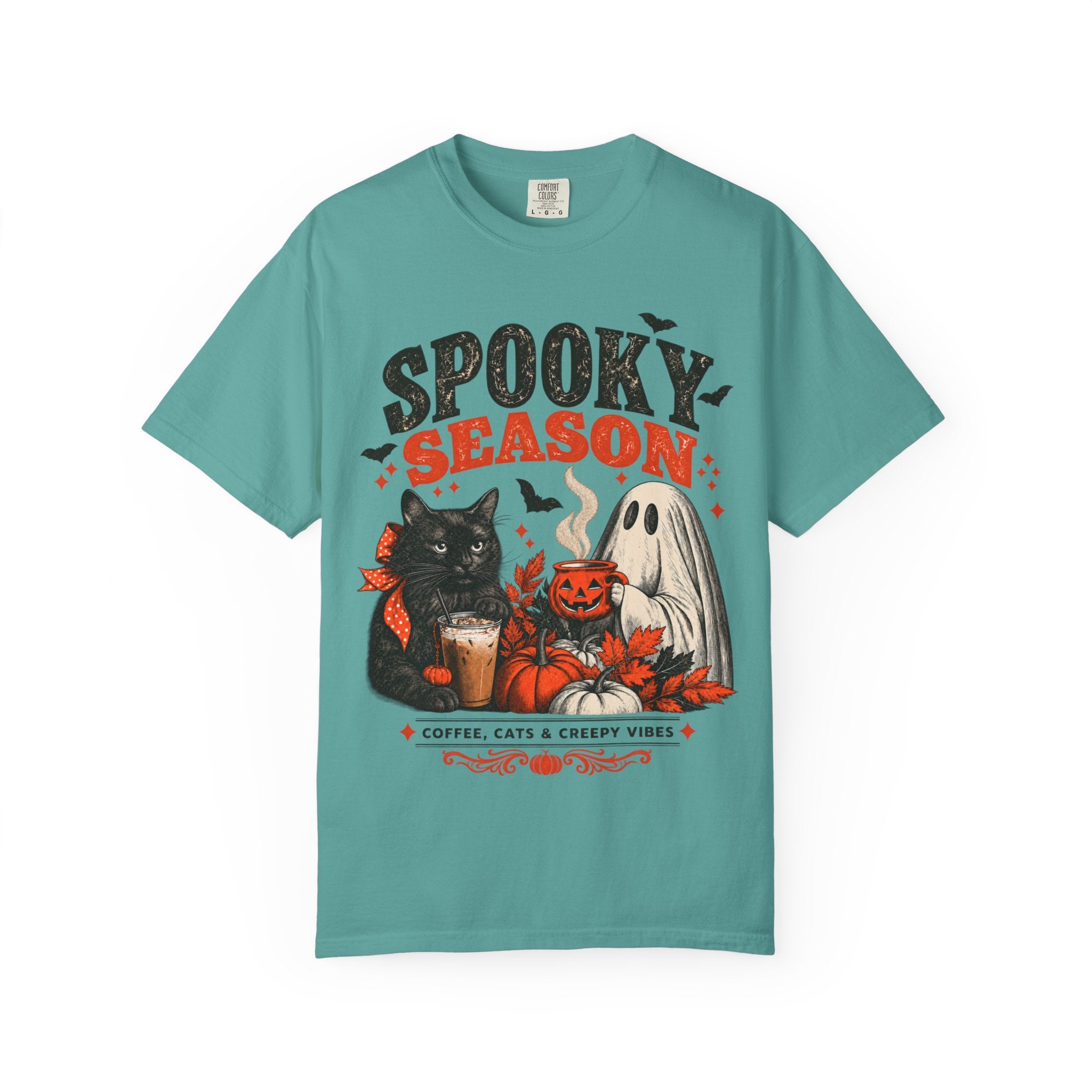Spooky Season Black Cat & Ghost T-Shirt | Halloween Coffee & Cats Tee