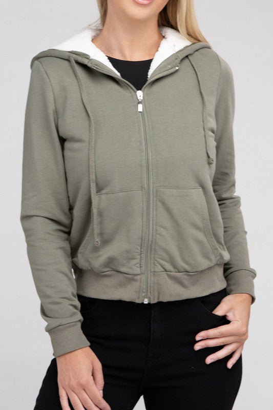 Fuzzy Trim Zip-Up Crop Hoodie Jacket